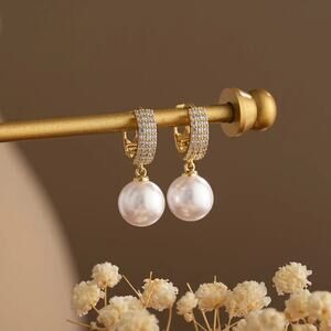 Gold Hoop Pearl Drop Earrings – CZ Diamond Hoop Earrings – Bridal Jewelry